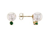 14k Yellow Gold 7-8mm Cultured Japanese Akoya Pearl And Emerald Earrings