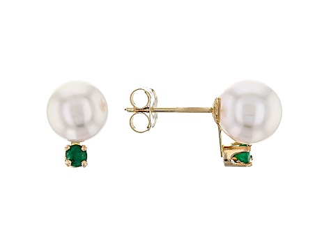 14k Yellow Gold 7-8mm Cultured Japanese Akoya Pearl And Emerald Earrings