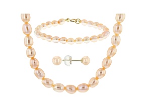 14k Yellow Gold Childrens Natural Pink Cultured Freshwater Pearl Set