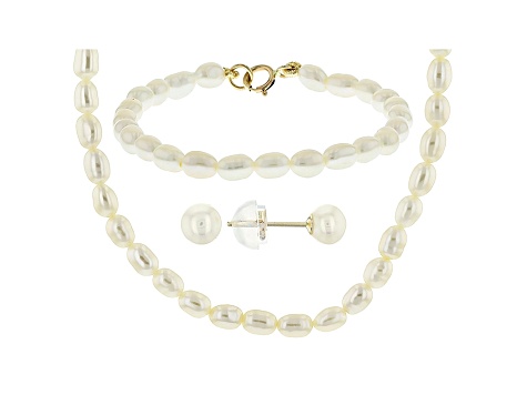 14k Yellow Gold Childrens White Cultured Freshwater Pearl Set