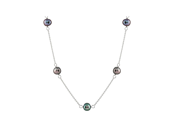 Rhodium Over Sterling Silver 7-8mm Black Cultured Freshwater Pearl Necklace 18"