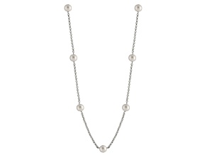 Rhodium Over Sterling Silver 8-9mm White Cultured Freshwater Pearl Station Necklace 20"
