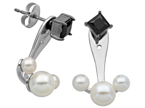 3.5-6mm Cultured Freshwater Pearl/4 mm Square Spinel Gunmetal & Silver Stud Earrings W/Jacket