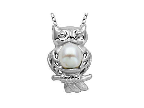 5.5-6mm White Cultured Freshwater Pearl Silver Owl Pendant With 18" Chain