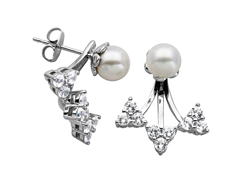 6mm Cultured Freshwater Pearl Silver Studs With Lab Created Sapphire Earrings Jackets