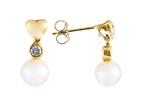 5-6mm White Cultured Freshwater Pearl & .10ctw Diamond 14k Yellow Gold Earrings