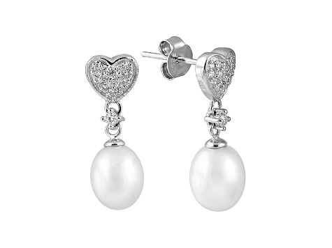 7-8mm Cultured Freshwater Pearl & Cubic Zirconia Rhodium Over Silver Earrings