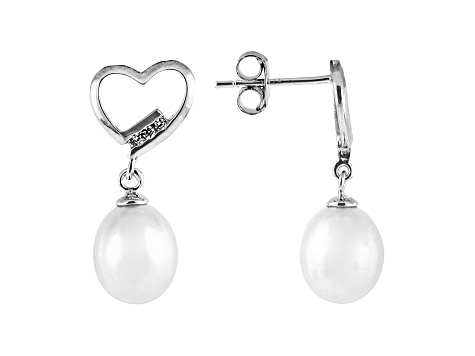 7-8mm Cultured Freshwater Pearl & White Cubic Zirconia Rhodium Over Silver Earrings