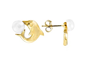 5-6mm White Cultured Freshwater Pearl 14k Yellow Gold Dolphin Earrings