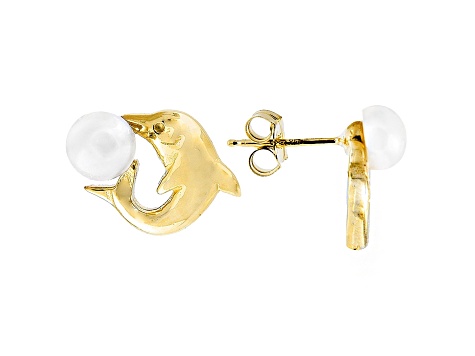5-6mm White Cultured Freshwater Pearl 14k Yellow Gold Dolphin