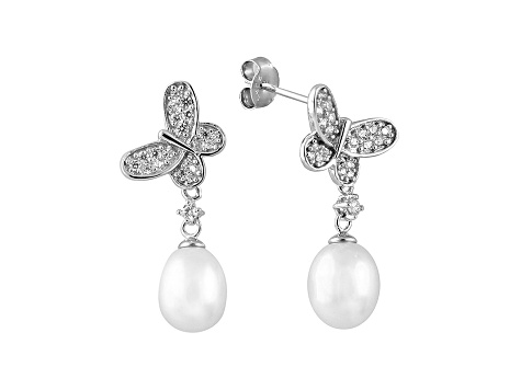 7-8mm Cultured Freshwater Pearl & Cubic Zirconia Rhodium Over Silver Earrings