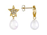 7-8mm White Cultured Freshwater Pearl & .12ctw Diamond 14k Yellow Gold Earrings