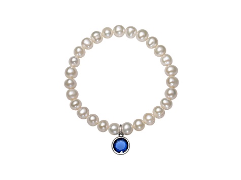 Cultured Freshwater Pearl 7-8mm With Cubic Zirconia Charm Stretch Bracelet