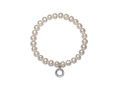 Cultured Freshwater Pearl 7-8mm With Cubic Zirconia Charm Stretch Bracelet