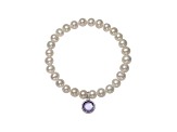 Cultured Freshwater Pearl 7-8mm With Cubic Zirconia Charm Stretch Bracelet