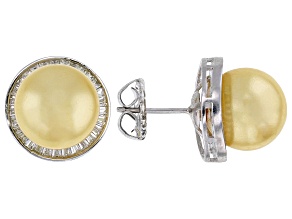 Pearlfection® Golden South Sea Simulant & White Cubic Zirconia Rhodium Over Sterling Silver Earrings