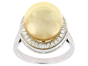 Pearlfection® Golden South Simulant & White Cubic Zirconia Rhodium Over Sterling Silver Ring