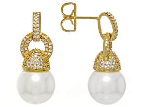 Pearlfection® White South Sea Simulant & White Cubic Zirconia 18K Gold Over Silver Earrings