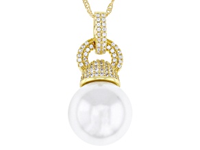 Pearlfection® White South Sea Simulant & White Cubic Zirconia 18K Gold Over Silver Pendant
