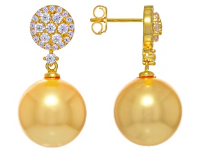 Pearlfection® Golden South Sea Simulant & White Cubic Zirconia 18K Gold Over Silver Earrings