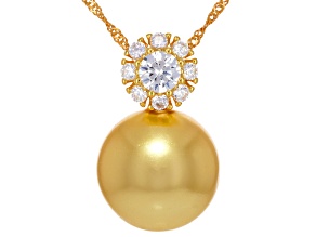 Pearlfection® Golden South Sea Simulant & Cubic Zirconia 18K Gold Over Silver Pendant With Chain