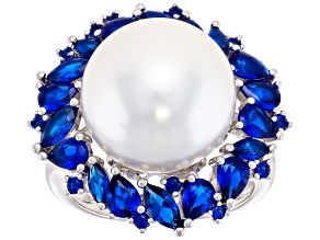 Pearlfection® White South Sea Simulant With Cubic Zirconia Rhodium Over Sterling Silver Ring