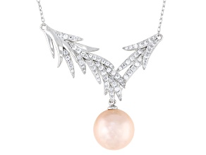 Pearlfection® Peach Kasumiga Simulant With Cubic Zirconia Rhodium Over Silver 15.75 Inch Necklace