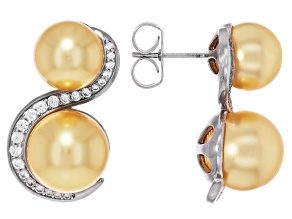 Pearlfection® Golden South Sea Simulant Simulant With Cubic Zirconia Rhodium Over Silver Earrings