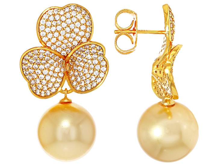 Pearlfection® Golden South Sea Simulant With Cubic Zirconia 18k Gold Over Sterling Silver Earrings