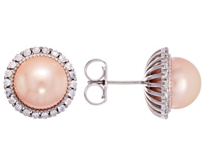 Pearlfection® Pink Kasumiga Simulant With Cubic Zirconia Rhodium Over Sterling Silver Earrings