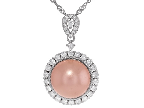 Pearlfection® Pink Kasumiga Simulant With Cubic Zirconia Rhodium Over Sterling Silver Pendant