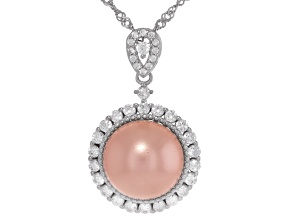 Pearlfection® Pink Kasumiga Simulant With Cubic Zirconia Rhodium Over Sterling Silver Pendant
