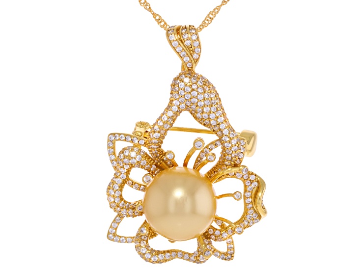 Pearlfection® Golden South Sea Simulant With Cubic Zirconia 18k Gold Over Silver Pin/Enhancer