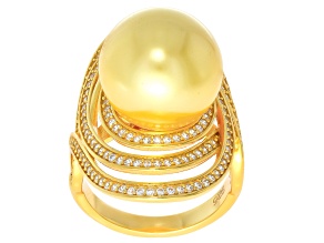 Pearlfection® Golden South Sea Simulant With Cubic Zirconia 18k Gold Over Sterling Silver Ring