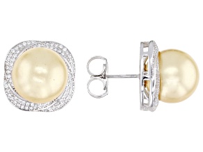 Golden South Sea Simulant & Cubic Zirconia Rhodium Over Sterling Silver Earrings