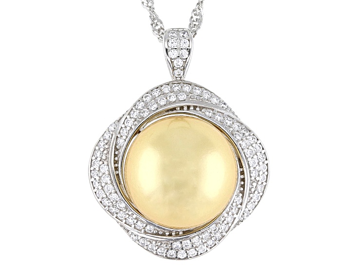 Golden South Sea Simulant & Cubic Zirconia Rhodium Over Sterling Silver Pendant