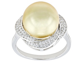 Golden South Sea Simulant & Cubic Zirconia Rhodium Over Sterling Silver Ring