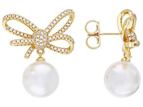 White South Sea Simulant & Cubic Zirconia 18k Yellow Gold Over Sterling Silver Earrings