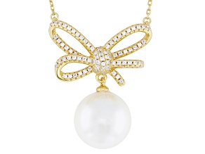 White South Sea Simulant & Cubic Zirconia 18k Yellow Gold Over Sterling Silver 18 Inch Necklace