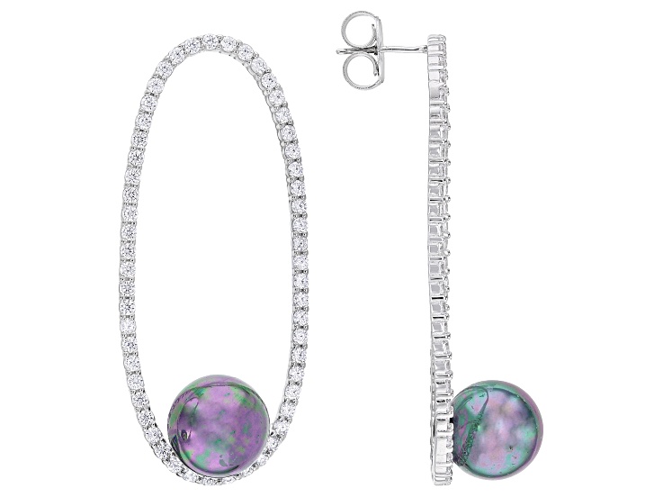 Tahitian Simulant & Cubic Zirconia Rhodium Over Sterling Silver Earrings