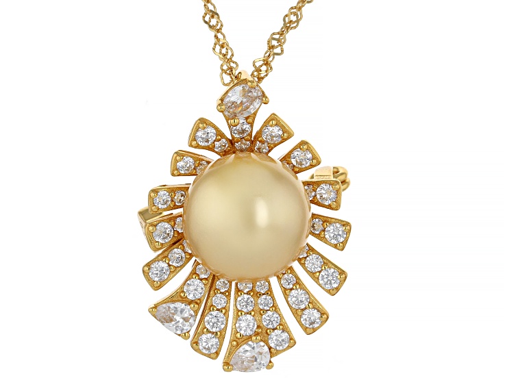 PearlfectionÂ® Golden South Sea Simulant With Cubic Zirconia 18k Gold Over Silver Pendant With Chain