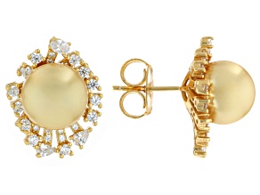 Pearlfection® Golden South Sea Simulant With Cubic Zirconia 18k Yellow Gold Over Silver Earrings