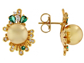 Pearlfection® Golden South Sea Simulant With Cubic Zirconia 18k Yellow Gold Over Silver Earrings