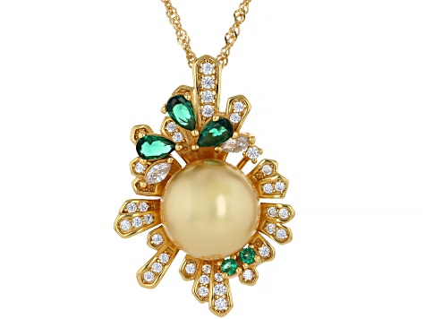Pearlfection® Golden South Sea Simulant With Cubic Zirconia 18k Gold Over Silver Pendant With Chain