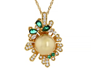 Pearlfection® Golden South Sea Simulant With Cubic Zirconia 18k Gold Over Silver Pendant With Chain