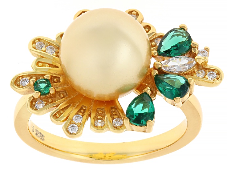 Pearlfection® Golden South Sea Simulant With Cubic Zirconia 18k Yellow Gold Over Silver Ring