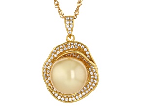 Pearlfection® Golden South Sea Simulant With Cubic Zirconia 18k Gold Over Silver Pendant With Chain