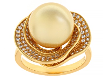 Picture of Pearlfection® Golden South Sea Simulant With Cubic Zirconia 18k Yellow Gold Over Silver Ring
