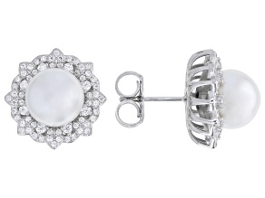 Pearlfection® Platinum Simulant With Cubic Zirconia Rhodium Over Sterling Silver Earrings