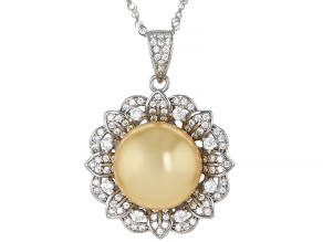 Pearlfection® South Sea Simulant With Cubic Zirconia Rhodium Over Sterling Silver Pendant With Chain